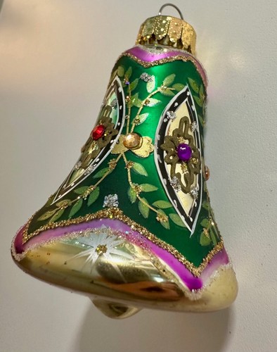 Vtg Hand Blown Green Gold Christmas Glass Ornament Bell Unique Treasures Box 3" - Picture 4 of 10