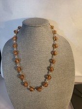 Vintage Venetian Amber Glass Gold Copper Foil Swirls Glass Bead Necklace 27" 