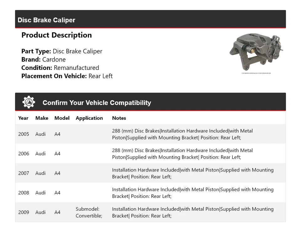 Pinza de freno de disco trasera izquierda cardone 2006 2007 2008 audi a4 2005-2009 Foto 2 de 4