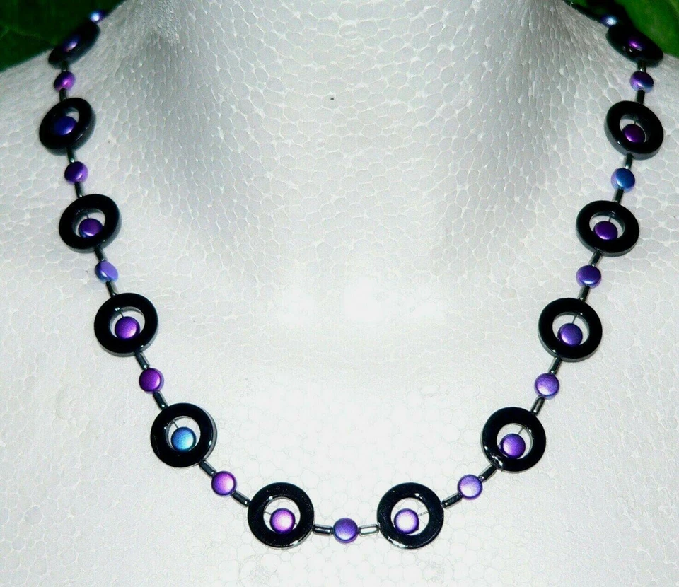 Halskette Kette Perlmutt Donut schwarz Two color Perlen lila blau 406j - Bild 2 von 4