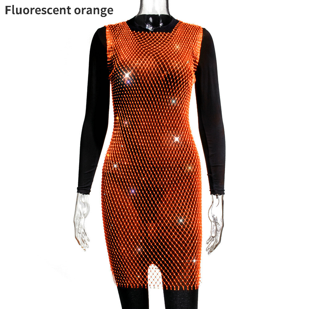 Glänzendes Transparentes Strass Mesh Fishnet Kleid Ärmellos Hollow Out Cover-Up