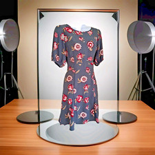 Loft Outlet Dress 4 Gray Multicolor Floral Fit n Flare Short Puff Sleeves Zipper