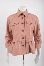 Cinq A Sept Womens Arbor Leather Jacket Ruffle S Pink 3/4 Sleeve Button Front