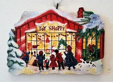 CHILDREN Outside SNOWY TOY SHOPPE WINDOW * Glitter CHRISTMAS ORNAMENT * Vtg Img