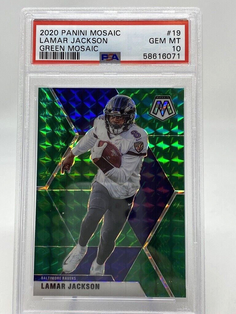 2020 Panini Mosaic #19 Lamar Jackson Green Mosaic - PSA 10 view 3