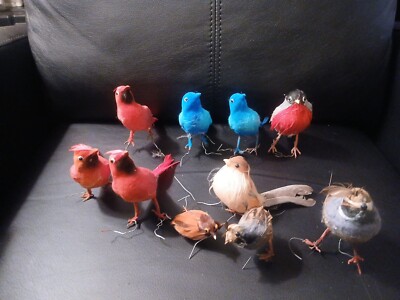 LOT OF 13 VINTAGE SPUN COTTON FEATHERED WIRED BIRDS CARDINAL And Random Birds