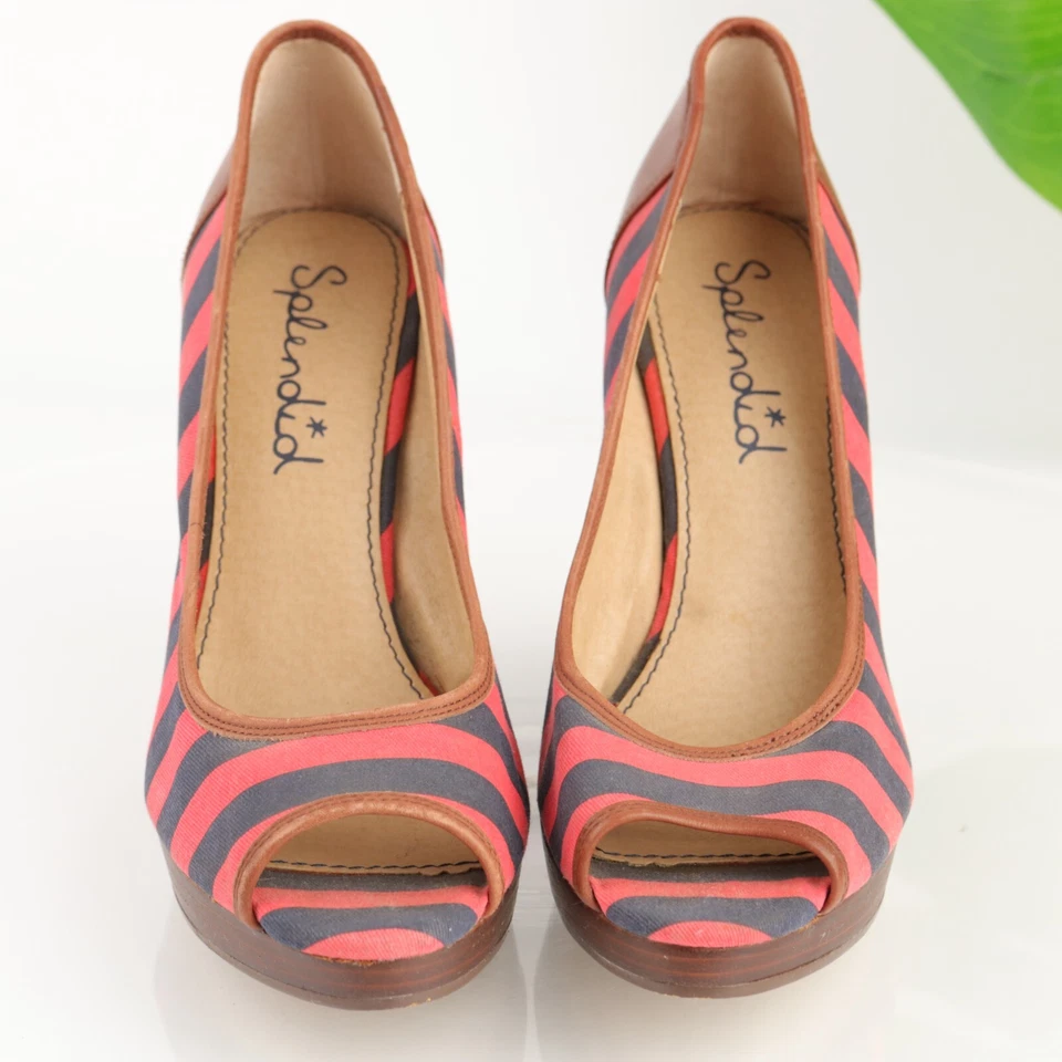 Espléndido salón de cuña Beverly para mujer talla 10 a rayas rojo marrón azul marino punta abierta Foto 3 de 4