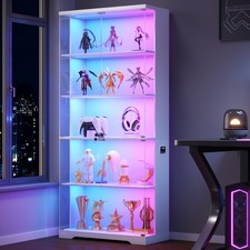 69" Tall Glass Display Cabinet, with RGB LED Lights, Lockable Door, 5-Tier Curio