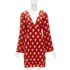 RIXO red gold oriental fan print V neck flare sleeves short dress S