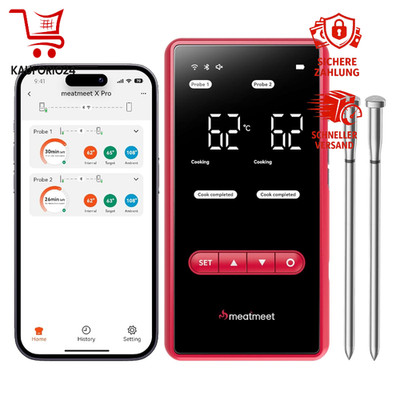 Fleischthermometer Kabellos Bluetooth WLAN 2 Sonden Edelstahl IP69 582°C Grill