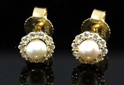 585 Gold  kleine runde Perlen Ohrstecker  1 Paar 5,5 mm Grösse mit  Zirkonia - Bild 1 von 2