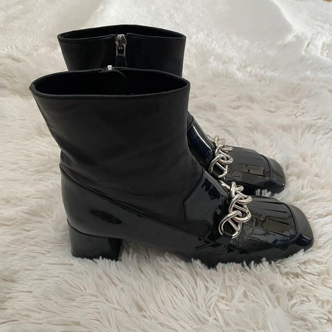 PRADA Short Boots Shoes Chain EU 38.0 US 8.0 Leather Black Auth Excellent FS thumbnail 5
