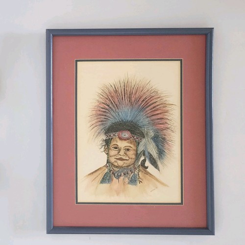 Watercolor & Ink Drawing Signed Shirland Native American Indian Portrait Framed - Picture 2 of 7