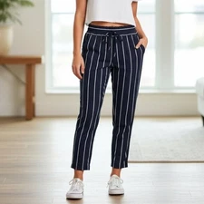 Zara Striped Pant Women's Size XS High Rise Waist Straight Leg Crop Navy Blue