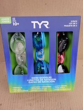 TYR Junior Swim Goggles 3 Pack Age 10 UV Protection Blue Pink Clear Open Box