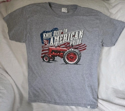 #ad Tractor Supply Co TSC Gray T Shirt Red Farm Tractor American Flag Boys Size L $7.99