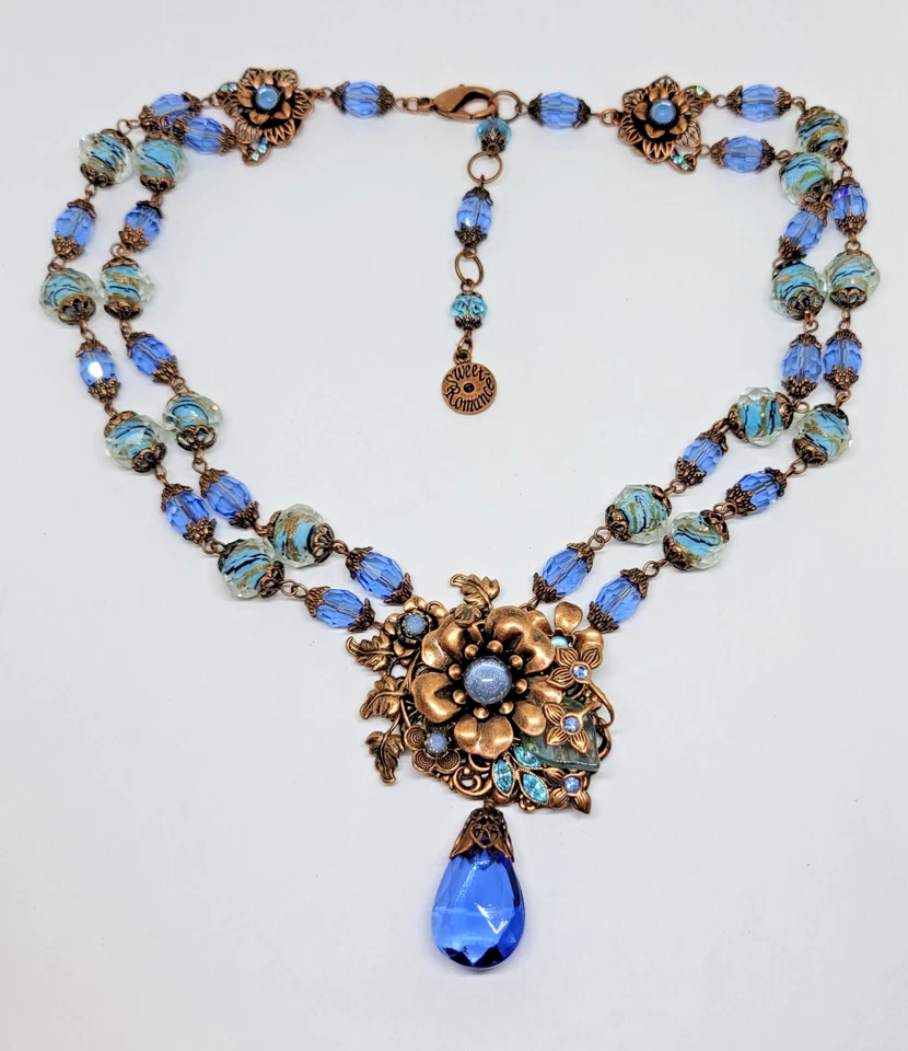 Colar de vidro Sweet Romance N5985 azul e cobre floral abajur ~ 21"