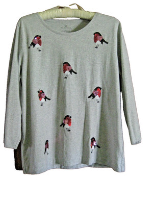 Talbots Cotton  3/4 Sleeve Elevated Basic T Shirt with sequin birds  SIZE L