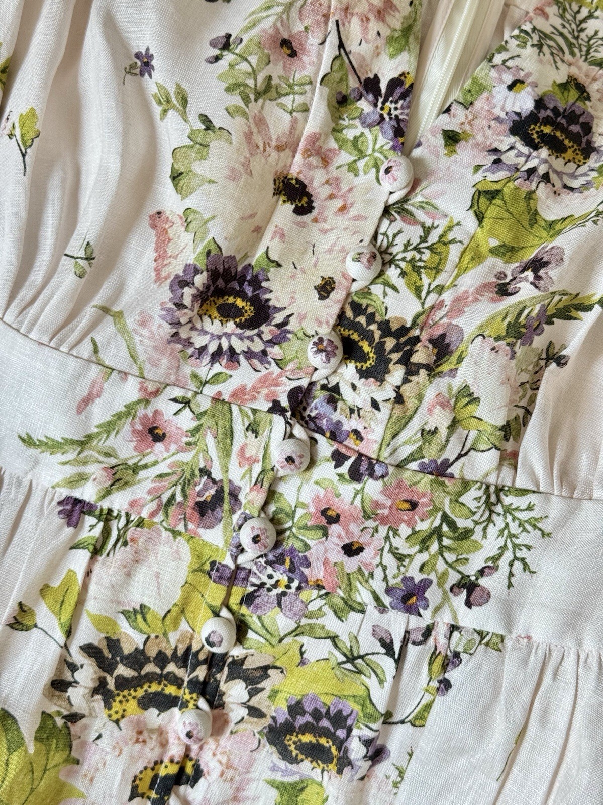 NWOT $1,150 Zimmermann Halliday Plunge Cream Floral Ivory Linen Midi Dress AU3 L