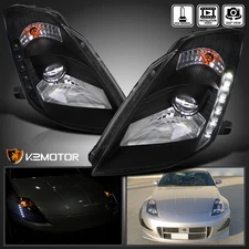 Fits 2003-2005 350Z Z33 HID Type Black Projector Headlights LED Strip Head Lamps