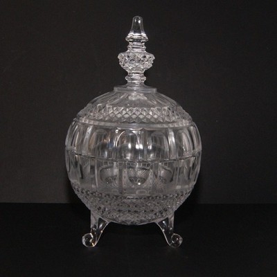 Große Vintage schwere geschliffene Glas 3 Fuß Bonboniere mit Deckel