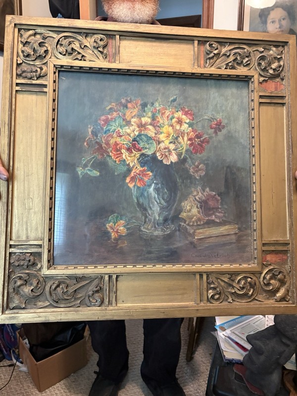 Carl Dierich Signed Large Framed Still Life Floral Vase Painting