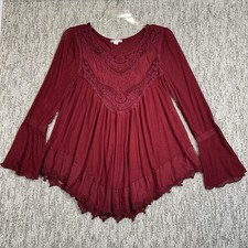 Peasant Blouse Boho Fantasy Wine Lace Embroid...