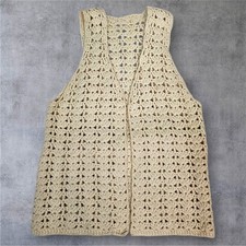 Vintage 70s Handmade Crochet Vest Open Front Sleeveless Beige Bohemian Small