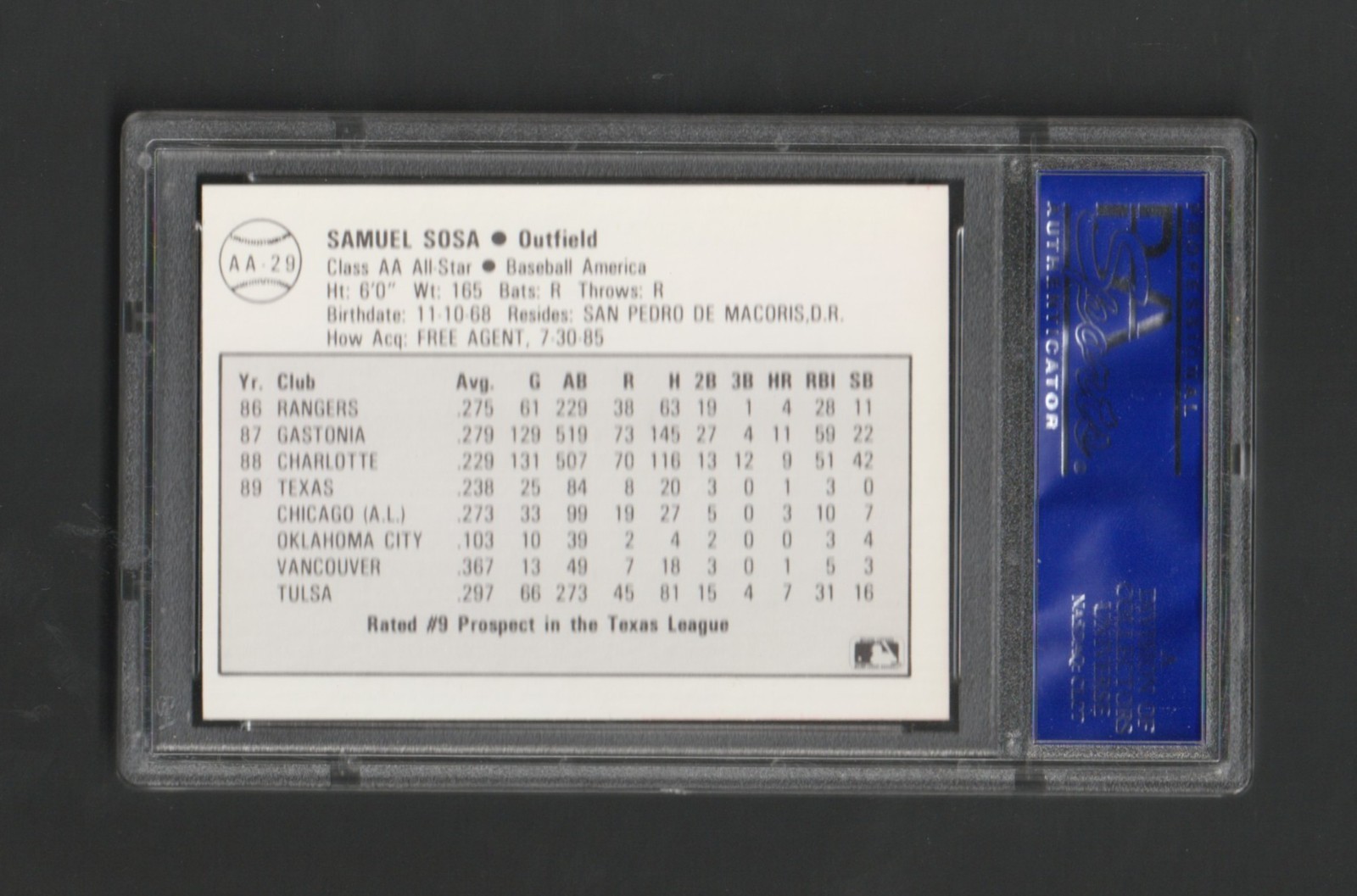 1989 Baseball America AA SAMMY SOSA RC #29 ~ PSA 9 Mint ~ Sweet Card ~ Tough! view 2