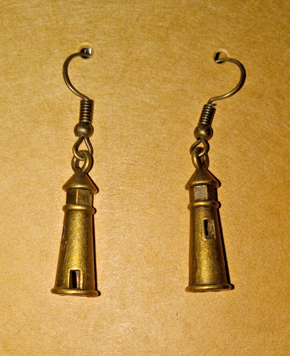 Bronze 3D Lighthouse Earrings, Drop Dangle Pierced, Nautical, Island, Beach - Picture 2 of 6