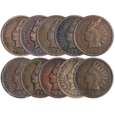 (10 PC. LOT) Indian Head Cent Pennies AVERAGE CIRCULATED