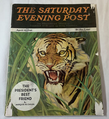 April 19, 1941 SATURDAY EVENING POST ~ Tiger cover, knife fight with a shark
