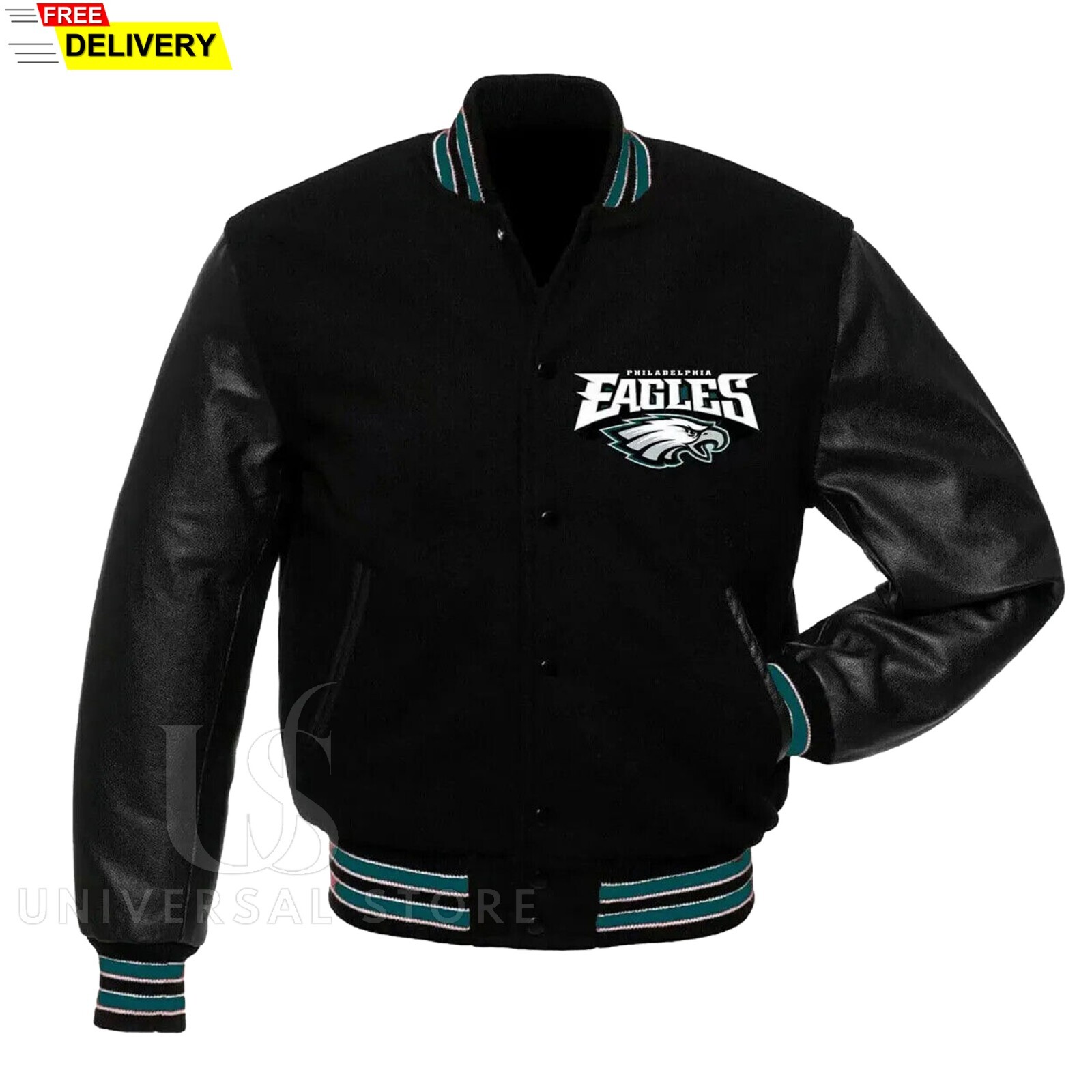 Philadelphia Eagles Black Wool Body & Leather Sleeves Letterman Varsity Jacket