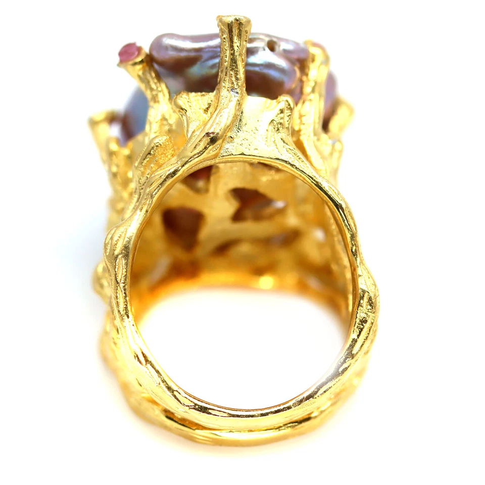 925 Sterling Silver Gray Baroque Pearl & Red Ruby Handmade Ring Size 6.75 - Image 3 of 4