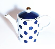NEW GRACE WHITE+ROYAL NAVY BLUE POLK DOT,GOLD TRIM COFFEE,TEA POT 36 OZ.