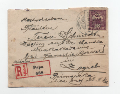 UNGARN PAPA 12.10.1915 SCHÖNER KLEINER EINSCHREIBENBRIEF NACH ZAGREB