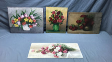 Vintage Lot 4 Mixed Floral Oil Print Pictures Paintings Old Artwork 2104-23B