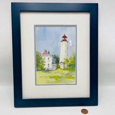 1999 Signed Light House Watercolor Pat Kerr Artwork Waterways New England