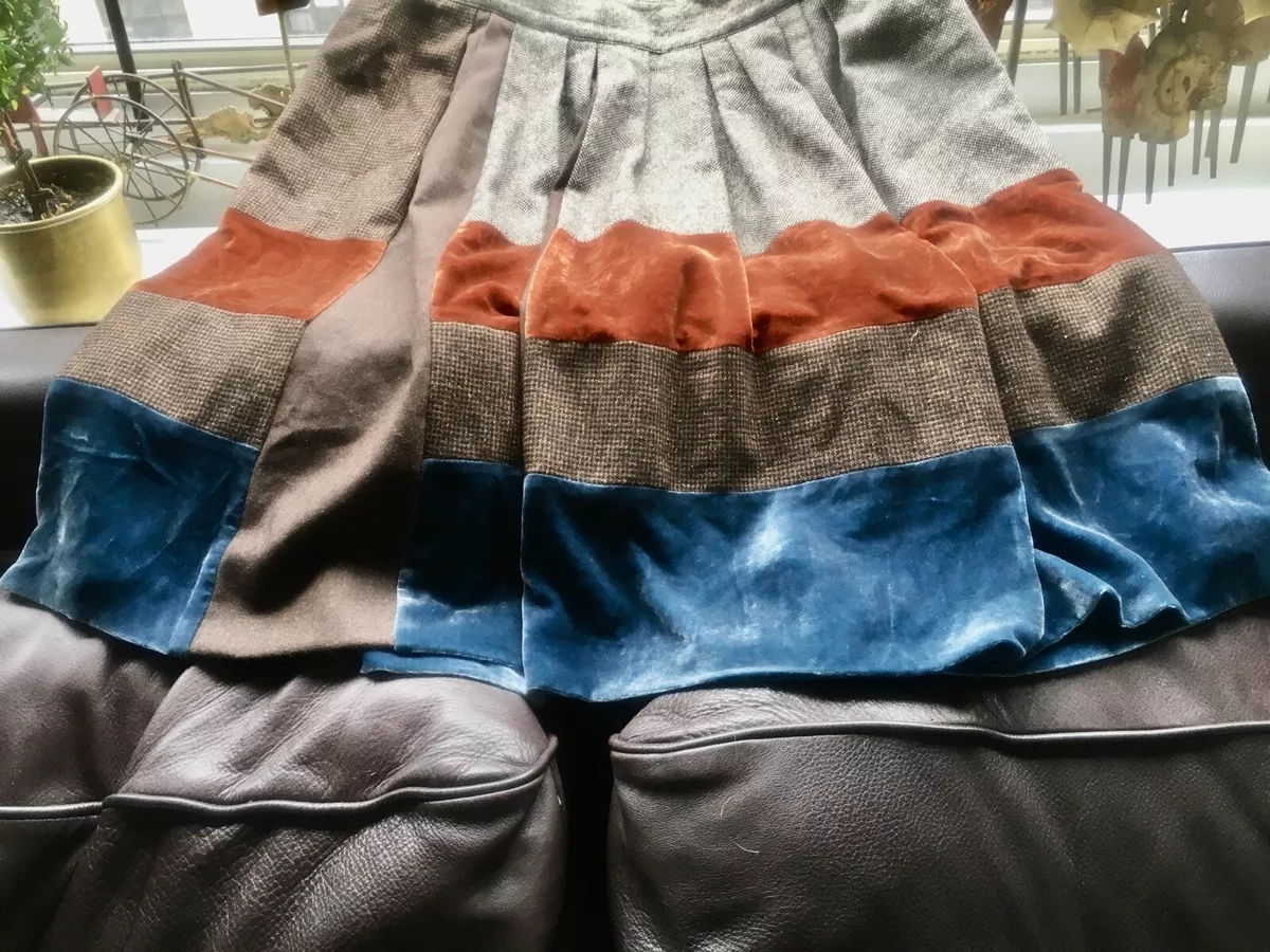 Etro rust orange blue silk velvet stripe brown plaid wool pleated skirt 48 L