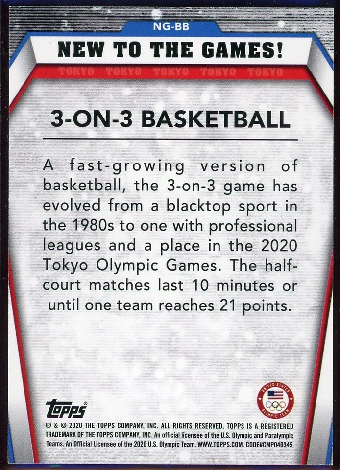 2020 2021 Topps US Olympics 3x3 Basketball New to the Games #NG-BB - Image 2 of 2