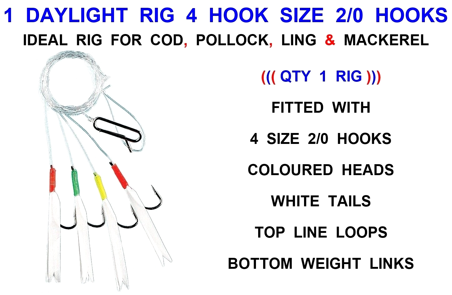 1 DAYLIGHT RIG 4 HOOK SIZE 2/0 SEA FISHING LURE COD POLLOCK MACKEREL FEATHERS