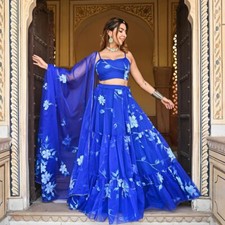 New Latest Faux Georgette Stylish Blue Lehenga Choli With Dupatta For Women Wear