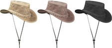 Crushable Real Leather Beige Tan Brown Outback Bush Hat Chin Strap Cowboy Girl