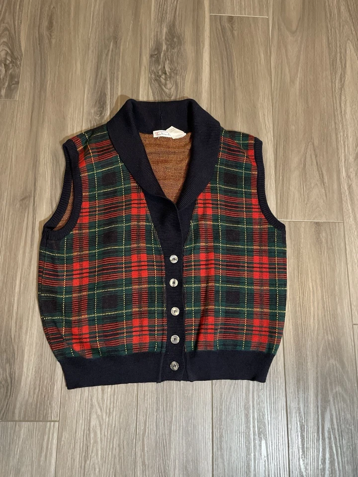 Chaleco Talbots De Colección Para Mujer Abotonado Talla L Mezcla de Lana RL Navidad Dinero Antiguo Cuadros Foto 2 de 4