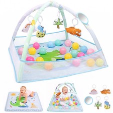 4-in-1 Baby Play Mat Gym with Fence, Ball PitFoldable Waterproof Tummy Time Mat