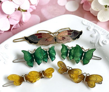 Vtg 1980's Butterfly 2 Enamel and 1 Cloisonne Barrettes Yellow Green 5 pcs.