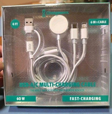 Chargeworx 4ft 6-1 Cable USB A/c Multi Charging cable For Apple Watch, iPhone