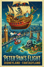 Disneyland Peter Pans Flight Fantasyland Captain Hook Smee Poster MATTE 11X17