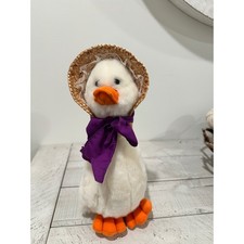 Vintage White Duck Plush Straw Bonnet Lace Purple Bow Farmhouse Stuffed Toy