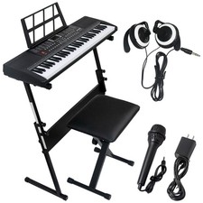 61 Key Electronic Keyboard Piano w/ Lighted Keys, Stand  Bench, Beginners Set